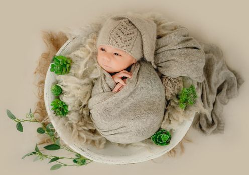 Newborn baby boy swaddled in knitted fabric lying in basin and looking back. Cute infant child kid studio portrait