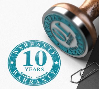 10 years warranty printed in blue color on paper background and rubber stamp. 3d illustration.