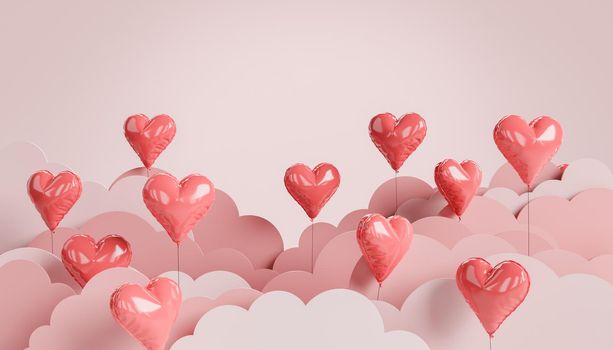 background of heart shaped balloons between flat clouds. valentines day concept, love and romanticism. 3d rendering