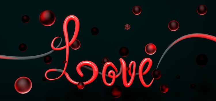 word LOVE with abstract red neon lamp and translucent spheres around it. concept of love and valentine's day. 3d rendering