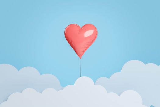 background of heart shaped balloon between flat clouds with blue background. minimalistic concept of valentine's day. 3d rendering