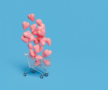 shopping cart releasing heart-shaped balloons. valentine's day concept, shopping and offers. 3d rendering