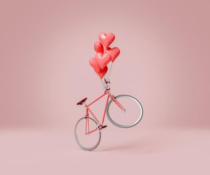 flying bicycle with several heart balloons tied to the handlebars. valentine's day concept, transportation, eco and love. 3d rendering