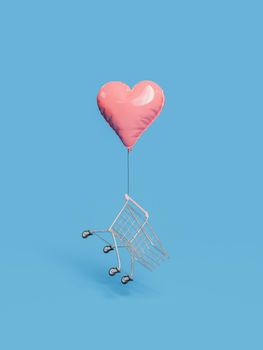 shopping cart flying with a heart shaped balloons tied to it. valentine's day concept, shopping and offers. 3d rendering