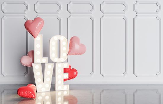 Love word with light bulbs in a room with heart shaped balloons. concept of love, valentine, marriage and romanticism. 3d rendering