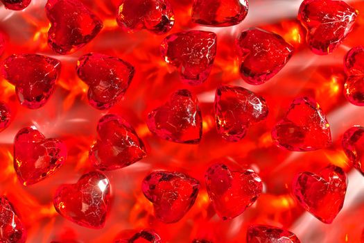 Directly Above Studio Full Frame Image of Sparkling Red Faux Gemstone Hearts. Predominant Color is Red.