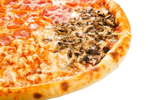 Part of delicious classic italian Pizza Four seasons with spicy chicken, mushrooms and cheese.