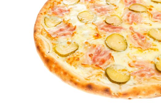 Part of delicious classic italian pizza with ham, cucumbers and cheese isolated on white background