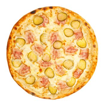 Delicious classic italian pizza with ham, sausages, corn, cucumbers and cheese isolated on white background