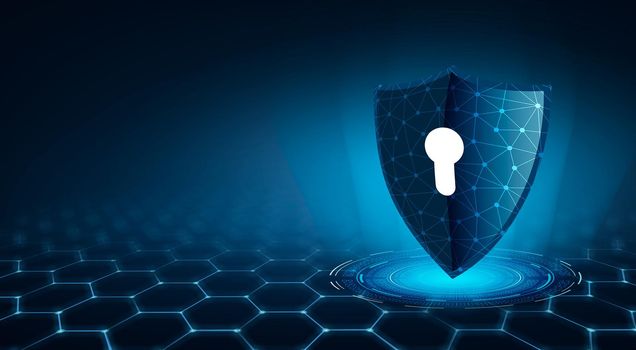 shield with key inside on blue background The concept of cybersecurity the Internet