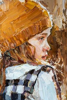 .The girl in the rays of the setting sun. Little girl in a cap on a warm background. Oil painting on canvas.