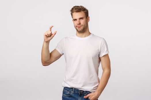 Skeptical, unsatisfied cute blond guy with bristle, shaping something small, making tiny gesture with fingers, smirk disappointed and squinting, judging poor quality, little salary, white background.