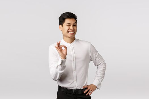 Enthusiastic and creative cute asian male entrepreneur have everything under control, wink cheeky and coquettish, smiling self-assured, showing okay, good, approval gesture, like someones idea.