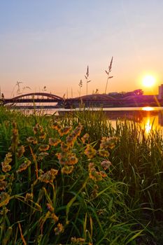 Beautiful picturesque sunrise or sunset on the banks of the river in the city