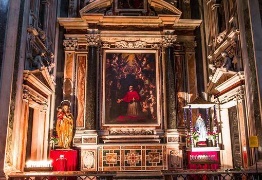 NAPLES, ITALY – MAY 15, 2014: Interiors and details of barroco church of the Gesu Nuovo, built year 1601, May 15, 2014,  in  Naples, Italy.