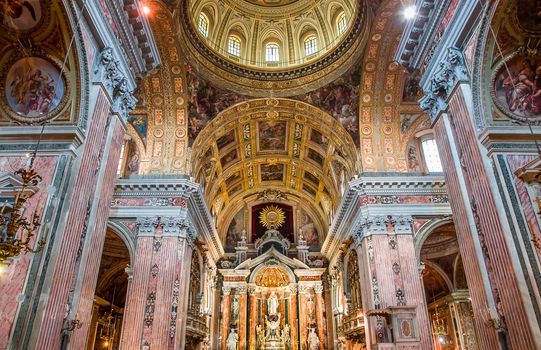 NAPLES, ITALY – MAY 15, 2014: Interiors and details of barroco church of the Gesu Nuovo, built year 1601, May 15, 2014,  in  Naples, Italy.