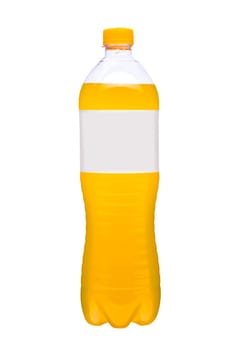 Plastic bottle with yellow liquid with white label