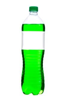 Plastic bottle with green liquid with white label