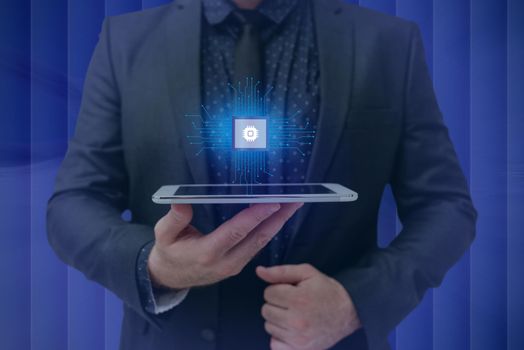 Man holding Screen Of Mobile Phone Showing The Futuristic Technology.