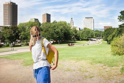 A woman in a old Quebec City. National Battlefields Park in Canada