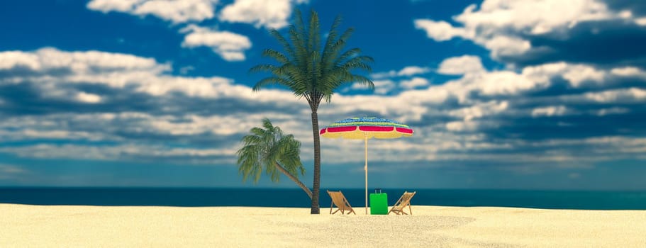 Travel. Recreation concept with palm trees, deck chair and suitcase. 3d illustration