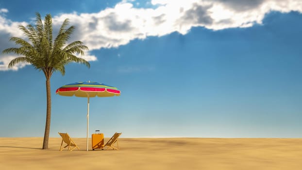 Travel. Recreation concept with palm trees, deck chair and suitcase. 3d illustration