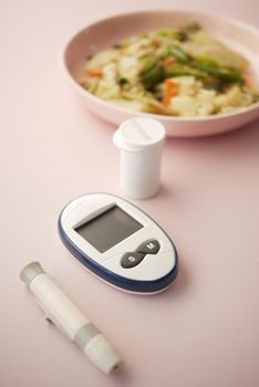 diabetic measurement tools and healthy food on table ,