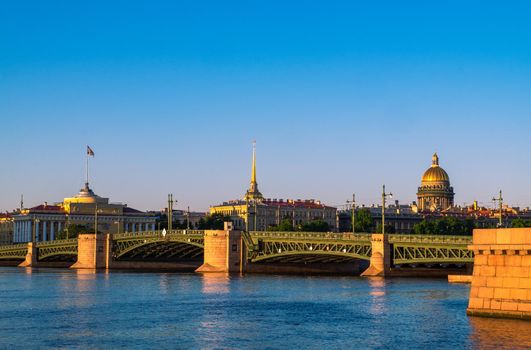 St. Petersburg, Russia: June 13, 2020. View of the Palace Bridge, the Admiralty and St. Isaac's Cathedral. Tourism, sightseeing concept. Horizontal orientation, selective focus