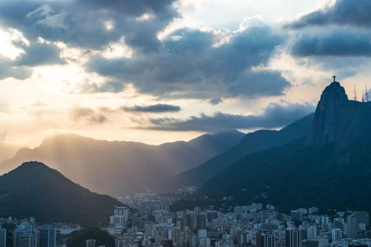 Aerial view of Rio de Janeiro with Christ Redeemer and Corcovado Mountain. Brazil. Latin America, horizontal