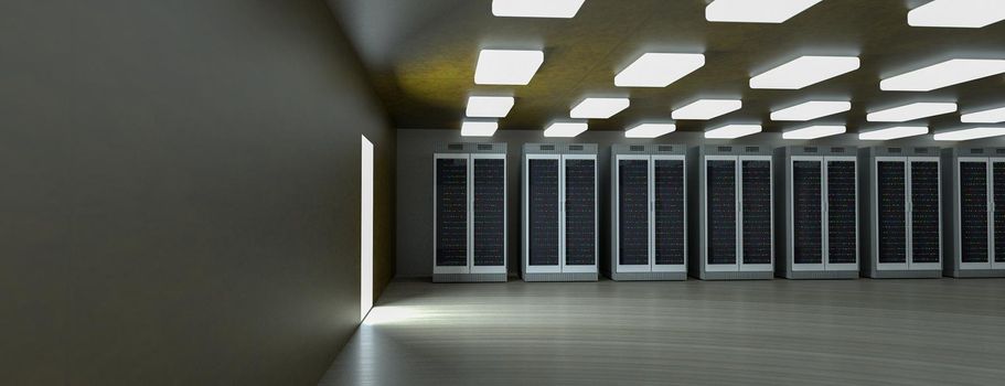 Server. Server racks in server room cloud data center. Datacenter hardware cluster. Backup, hosting, mainframe, mining, farm and computer rack with storage information. 3D rendering. 3D illustration