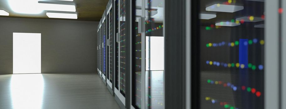 Server. Server racks in server room cloud data center. Datacenter hardware cluster. Backup, hosting, mainframe, mining, farm and computer rack with storage information. 3D rendering. 3D illustration