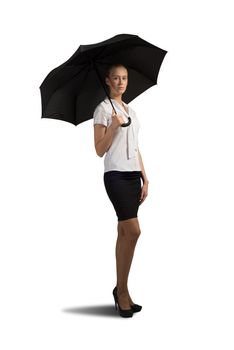 Beautiful business woman holding umbrella isolated on white background