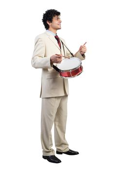 Funny businessman playing drums isolated on white background