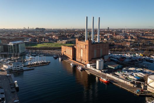 Copenhagen, Denmark - January 07, 2022: Aerial drone View of Svanemolle Power Station, a natural gas fueled combined heat and power station.