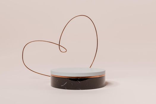 cylinder for product display with a heart shaped wire behind it. 3d rendering
