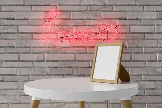 frame for image display on a round table with brick wall and neon lamp with the word love behind it. valentine concept and product sample. 3d rendering
