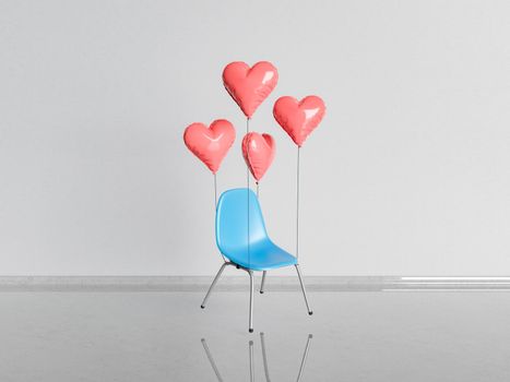 chair floating in the air with heart shaped balloons in empty room. minimal concept of valentine and waiting for love. 3d rendering