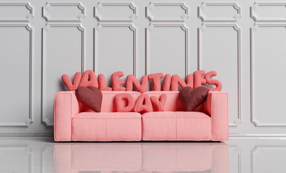 red armchair in an elegant room with cushions in the shape of letters with the words valentines day. concept of valentine, love, wait for love and love at home. 3d rendering