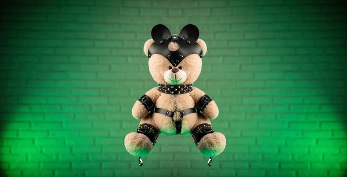 the toy Teddy bear dressed in leather belts and mask accessory for BDSM games on a light background texture of a brick wall