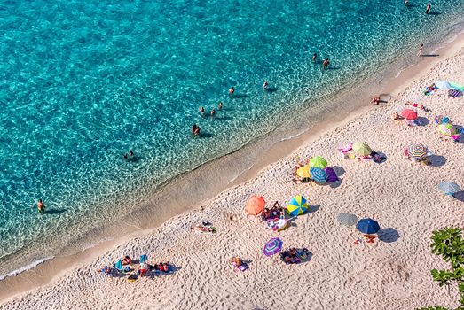 Scenic view over the main beach in Tropea, a seaside resort located on the Gulf of Saint Euphemia, part of the Tyrrhenian Sea, Calabria, Italy