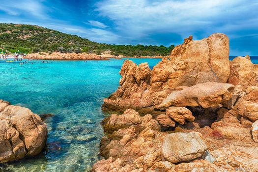 View of the iconic Spiaggia del Principe, one of the most beautiful beaches in Costa Smeralda, Sardinia, Italy