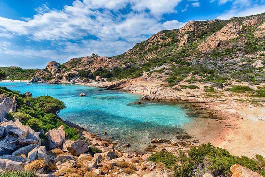 Scenic view over the picturesque Cala Corsara in the island of Spargi, one of the highlights of the Maddalena Archipelago, Sardinia, Italy