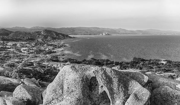 Scenic aerial view of Santa Reparata bay, near Santa Teresa Gallura, near the strait of Bonifacio, located on the northern tip of Sardinia, Italy