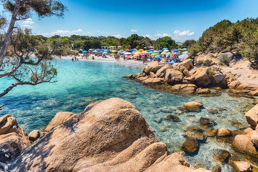 View over the enchanting beach of Capriccioli, one of the most beautiful seaside places in Costa Smeralda, northern Sardinia, Italy