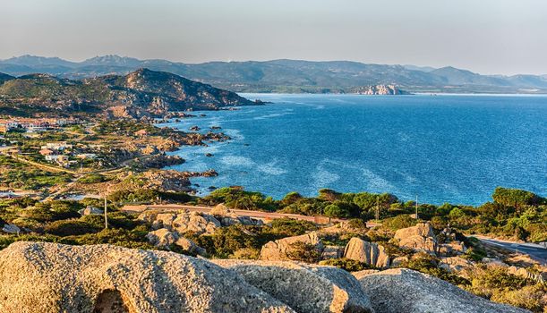 Scenic aerial view of Santa Reparata bay, near Santa Teresa Gallura, near the strait of Bonifacio, located on the northern tip of Sardinia, Italy