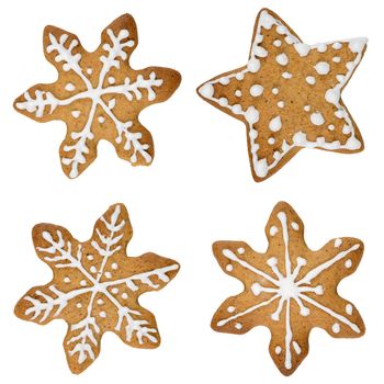 Gingerbread cookie in snowflake shape isolated on white background.