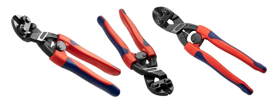 Diagonal wire cutters in different angles on a white background.