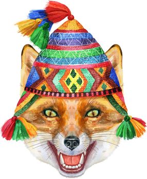 Fox portrait in chullo hat. Watercolor orange fox painting illustration. Beautiful wildlife world