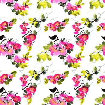 Watercolor painting of pink flowers with green leaves, seamless pattern