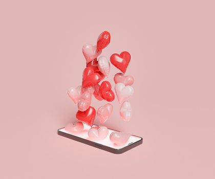 mobile phone with heart balloons coming out of the screen. valentine's day concept, technology, online dating and love. 3d rendering